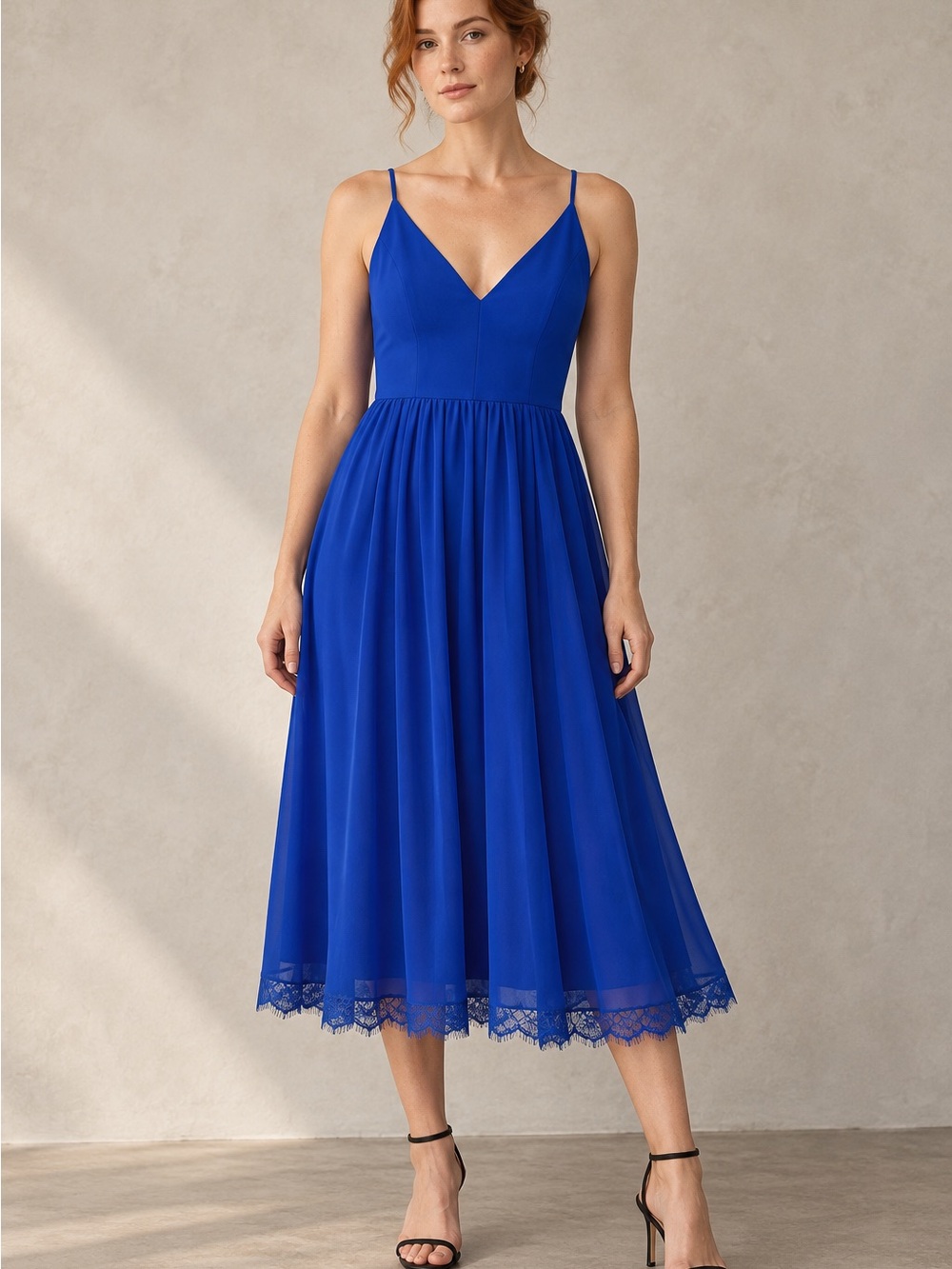 Dress the Population “Alicia” Royal Blue V-Neck Spaghetti Strap Dress w/Lace Hem